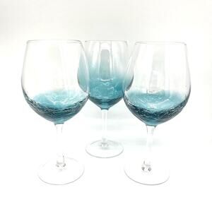 Pier 1 Imports Teal Blue Set of 3 Crackle Design Wine Glasses 8.5" Tall